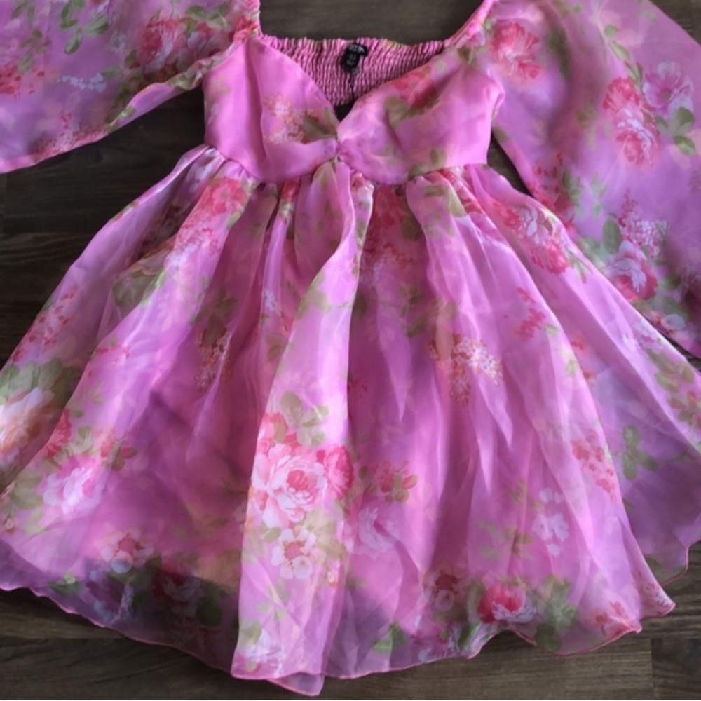 NWT Nasty Gal Floral Organza Bardot Mini Skater Dress Pink Ethereal Fairycore